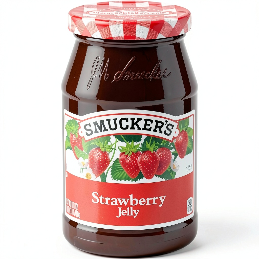Smucker's strawberry jam jar on a wooden kitchen counter